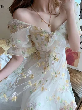JuneLove Французское платье с цветочным рисунком, женское сексуальное мини-платье с кружевным принтом с пышными рукавами, женское Летнее Винтажное платье феи в корейском стиле