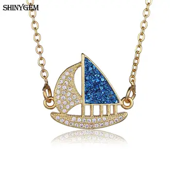 ShinyGem МОДНОЕ ожерелье с подвеской в виде парусника с золотым покрытием CZ Кристалл Камень Циркон Счастливая Лодка Корабль Золотая цепочка Ожерелье для женщин