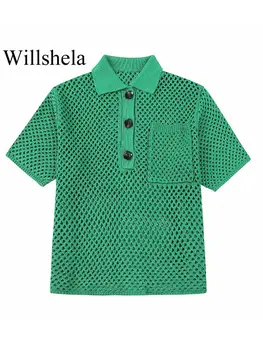 Willshela, женская мода С карманами, Зеленые однотонные рубашки поло, Винтажный воротник Поло, Короткие рукава, Женские шикарные женские рубашки