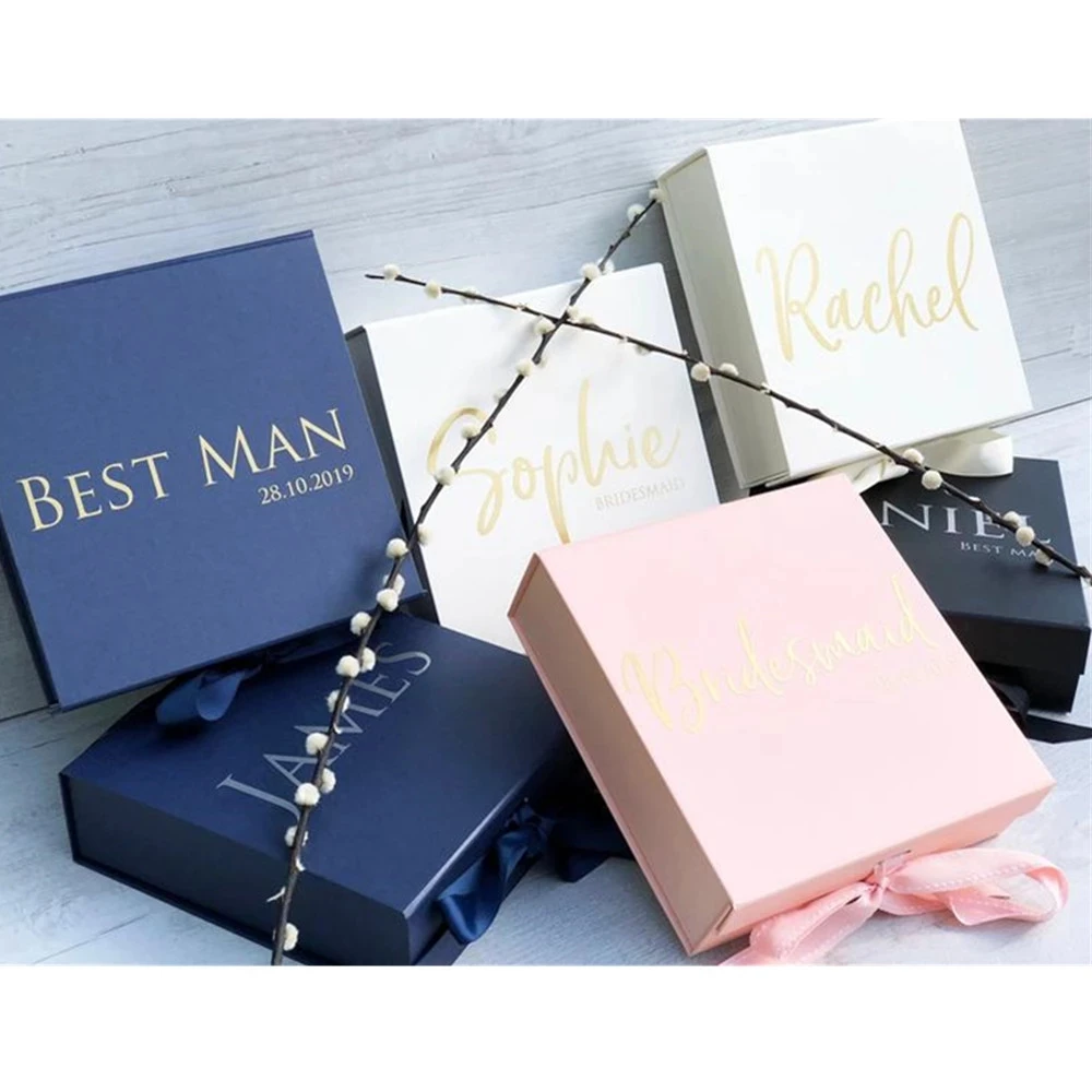 Подарочная коробка из темно-синего золота с персонализированным названием, изготовленные на заказ друзья жениха, Будете ли вы подружкой невесты, упаковка подарка на день рождения, атласный бант0
