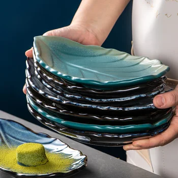 Неправильная форма листьев Украшения для обеденных тарелок Торт Блюдо для суши Домашний ресторан Большие рыбные блюда Керамическая посуда